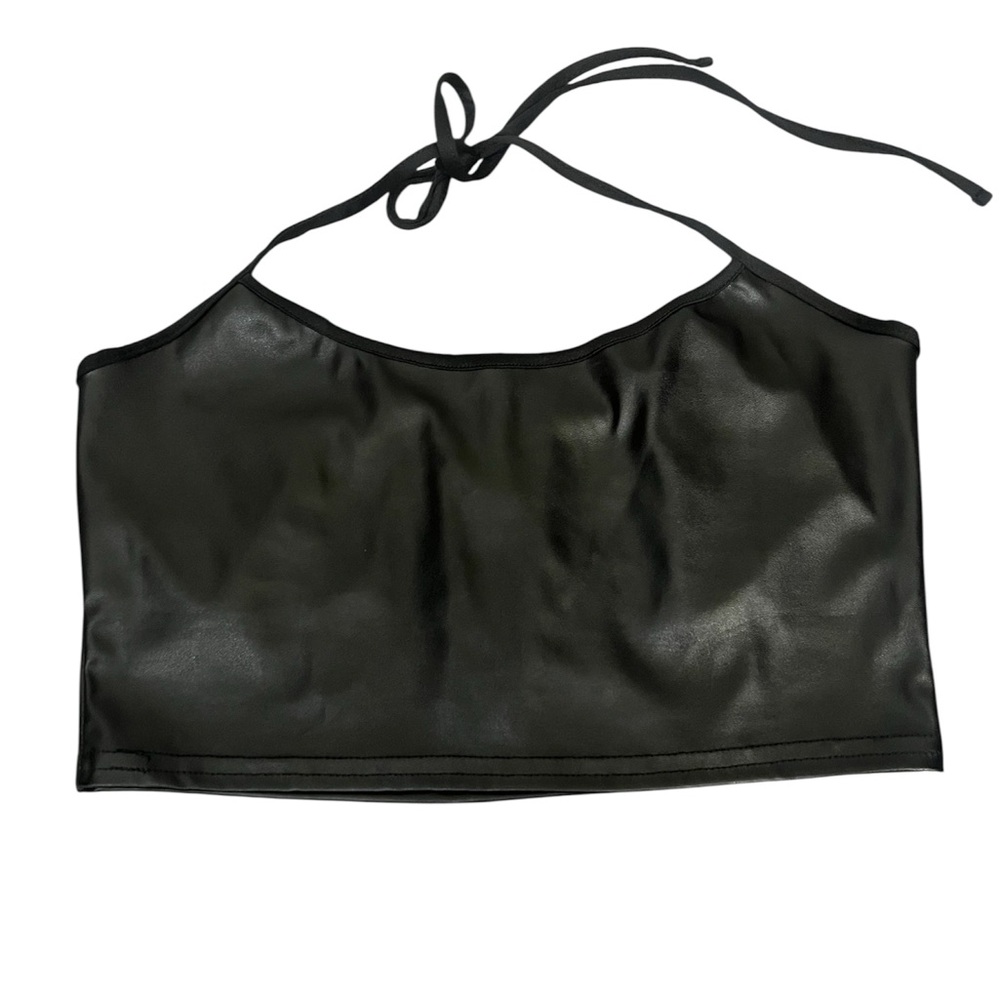 PrettyLittleThing Black Faux Leather Halter Crop‎ Top